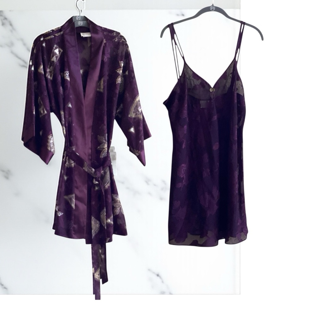 Vintage 80s Peignoir Set Nightie & Kimona Robe California Dynasty Purple Ivory L